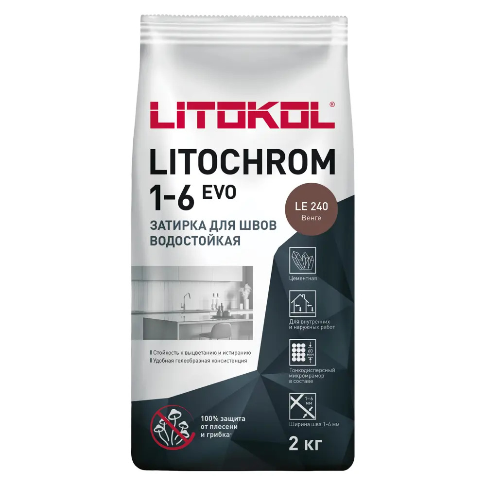 Затирка цементная водостойкая 1-6 мм Litokol Litochrom EVO LE240 венге, 2 кг Затирка цементная водостойкая 1-6 мм Litokol Litochrom EVO LE240 венге, 2 кг