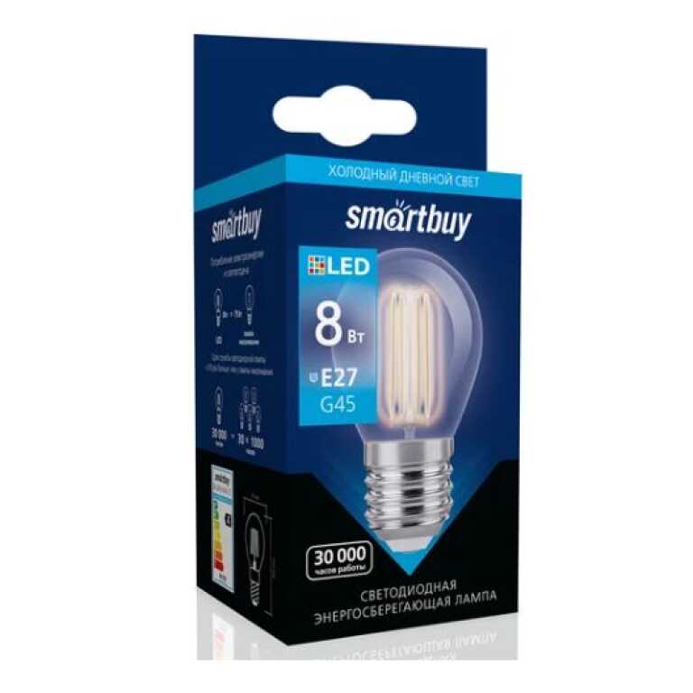 Лампа светодиодная (LED) FIL G45-8W/6000/E27 Smartbuy