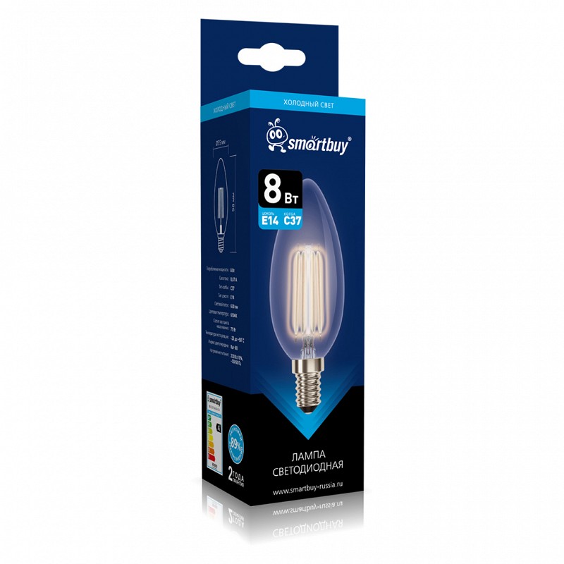 Лампа светодиодная (LED) FIL C37-8Вт/6500К/E14 Smartbuy Лампа светодиодная (LED) FIL C37-8Вт/6500К/E14 Smartbuy