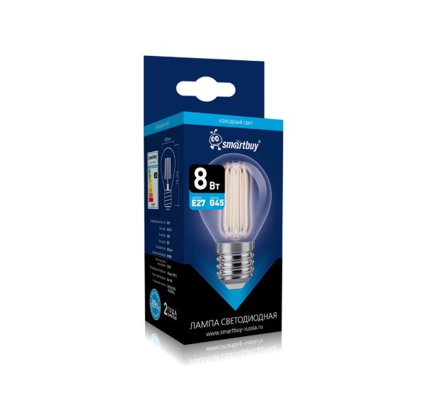 Лампа светодиодная (LED) G45-8Вт/6500К/E27 FIL Smartbuy