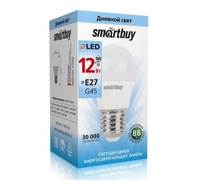 Лампа светодиодная (LED) G45-12W/4000/E27 Smartbuy