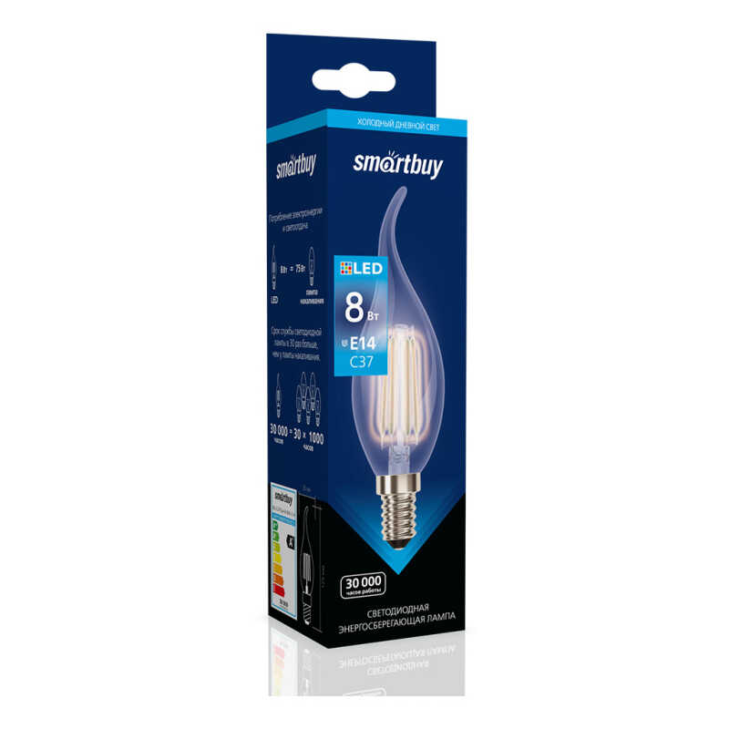 Лампа светодиодная (LED) FILСвеча на ветру C37-8W/6000/E14 Smartbuy
