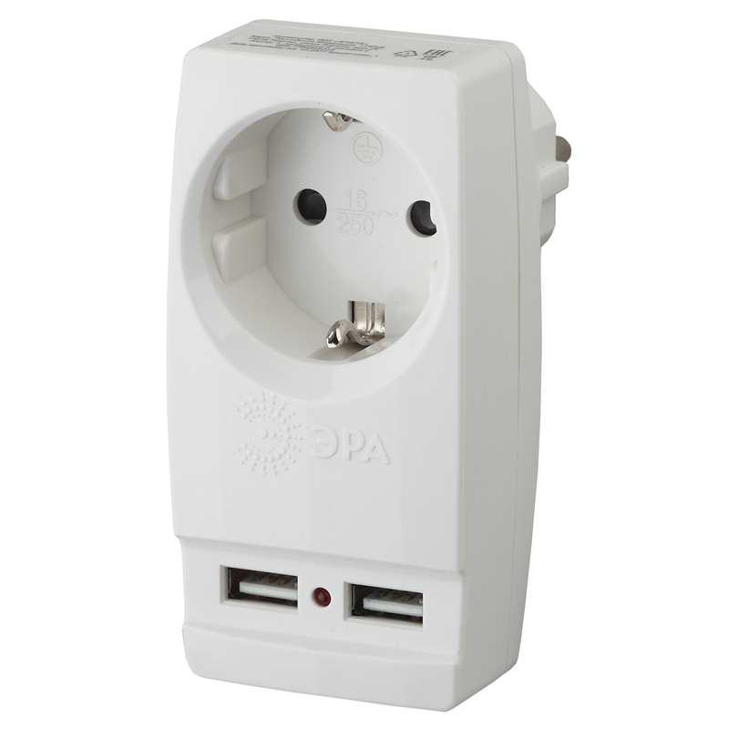 Адаптер 1гн с З/К белый 220В+2xUSB 2100mA "Polynom"  SP-1e-USB-W ЭРА